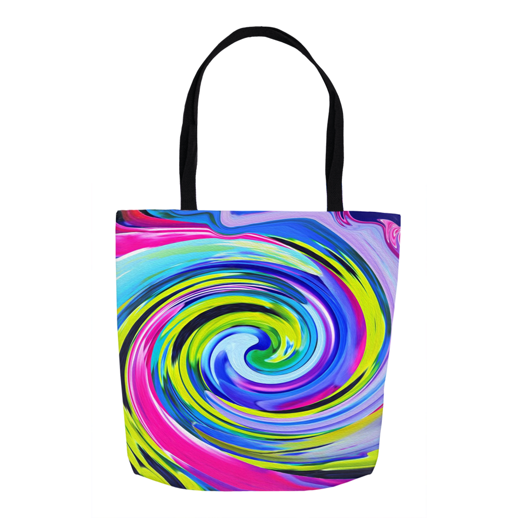 Tote Bags, Groovy Abstract Yellow and Navy Blue Swirl
