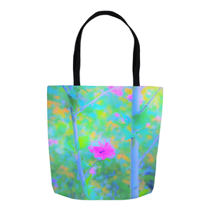 Tote Bags, Pink Rose of Sharon Impressionistic Blue Landscape Garden