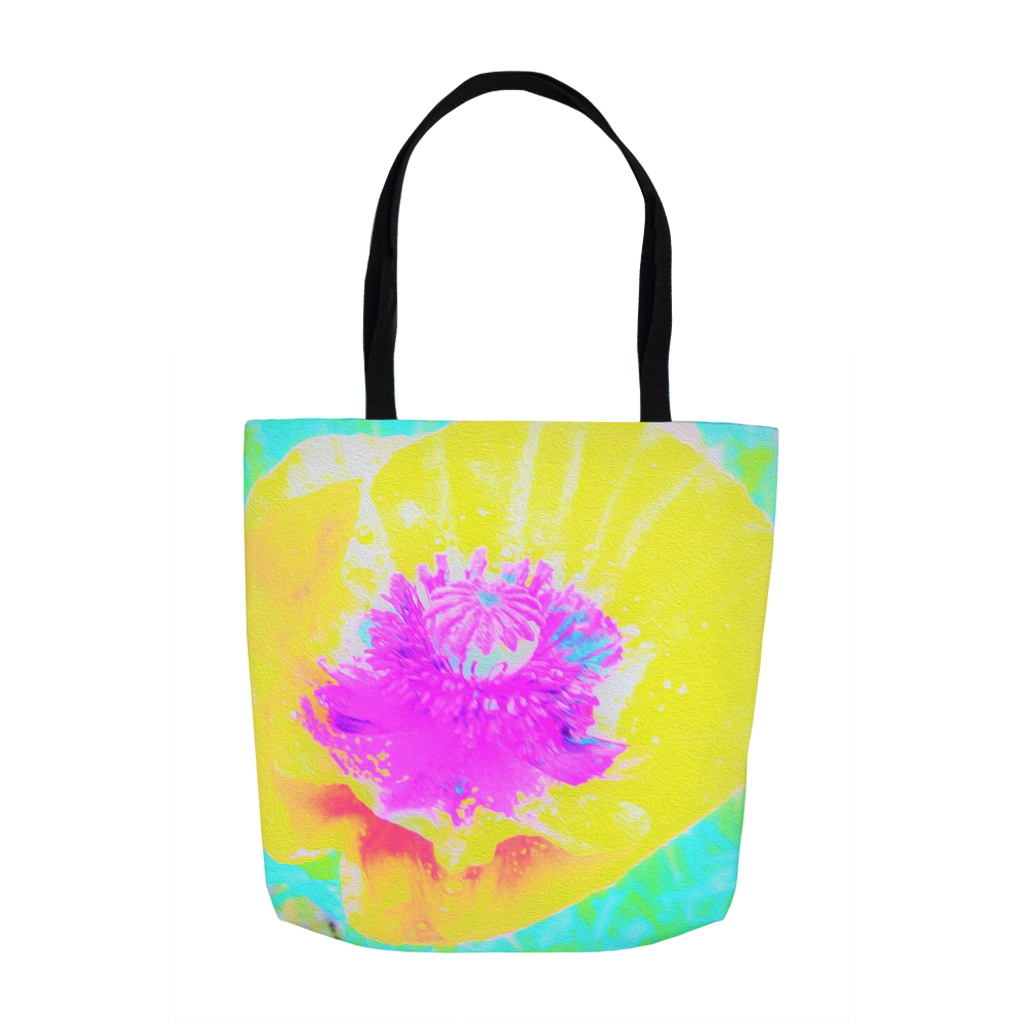 Tote Bags, Yellow Poppy with Hot Pink Center on Turquoise