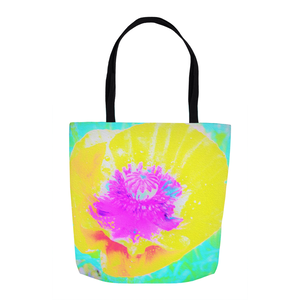 Tote Bags, Yellow Poppy with Hot Pink Center on Turquoise