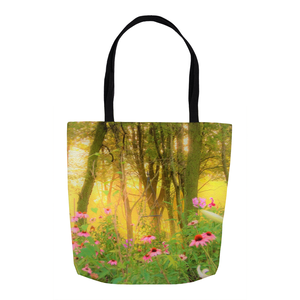 Tote Bags, Golden Sunrise with Pink Coneflowers in My Garden