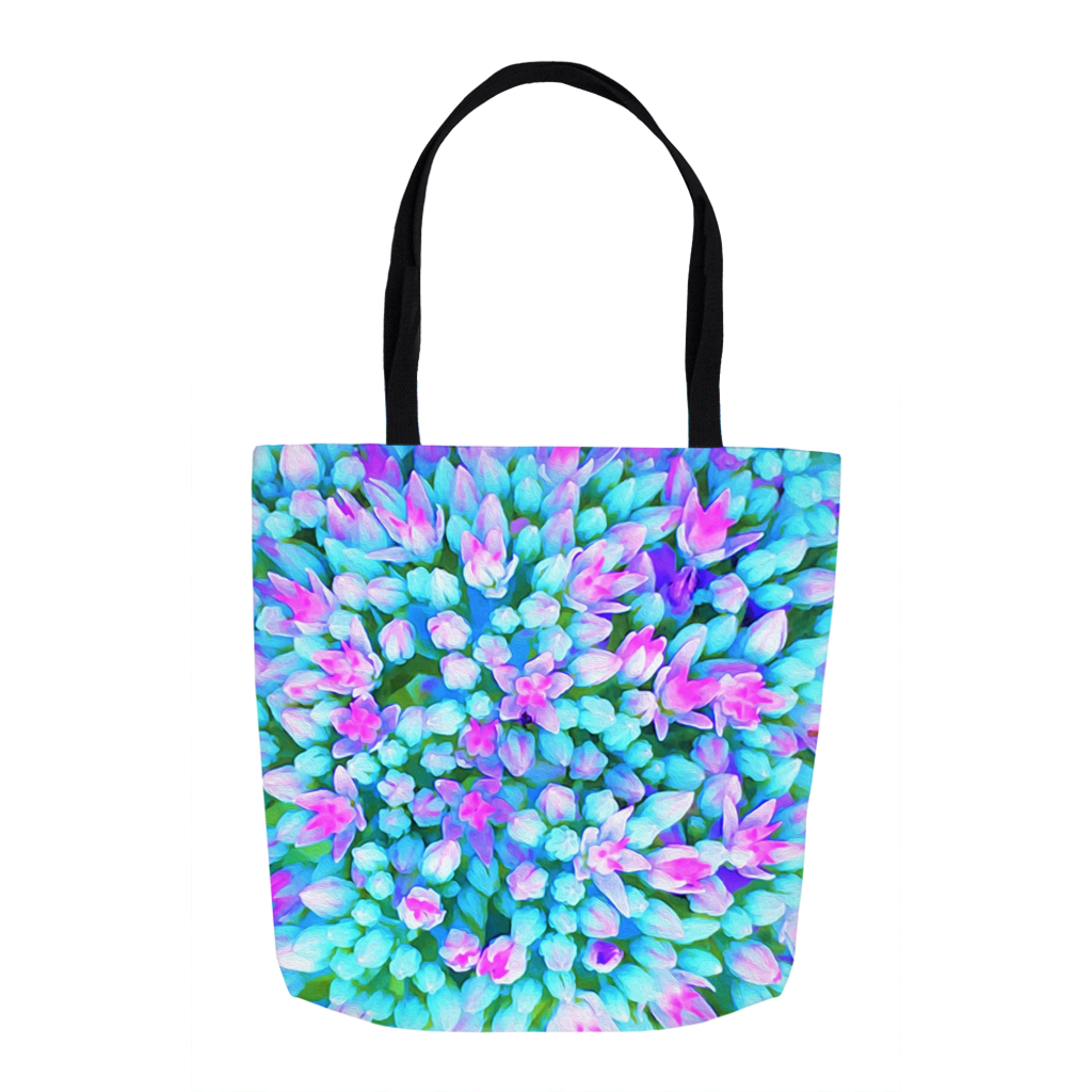 Tote Bags, Blue and Hot Pink Succulent Sedum Flowers Detail