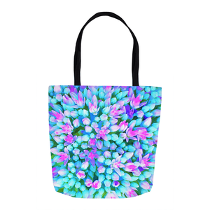 Tote Bags, Blue and Hot Pink Succulent Sedum Flowers Detail