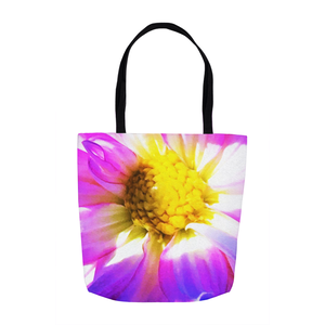 Tote Bags, Purple, Pink and White Dahlia with a Bright Yellow Center