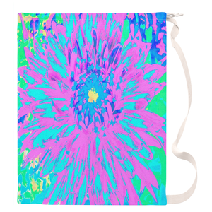Large Laundry Bag, Purple and Turquoise Blue Abstract Decorative Dahlia