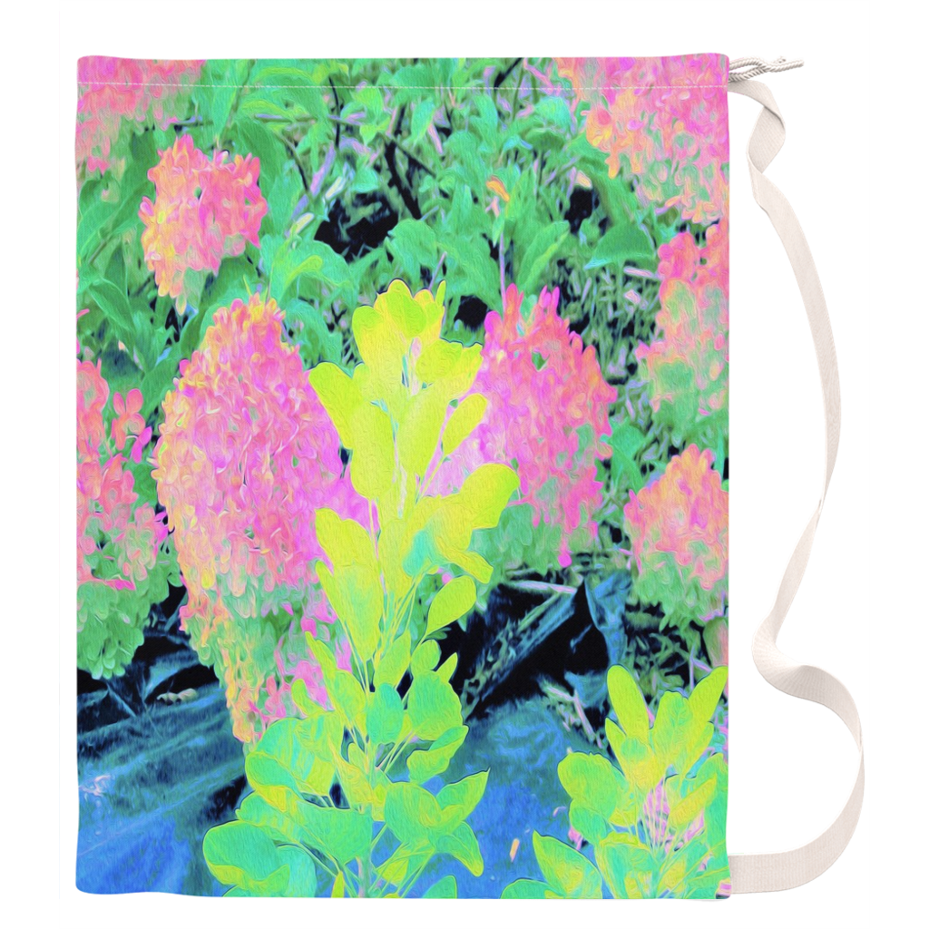 Large Laundry Bag, Pink Hydrangea Garden with Yellow Foliage