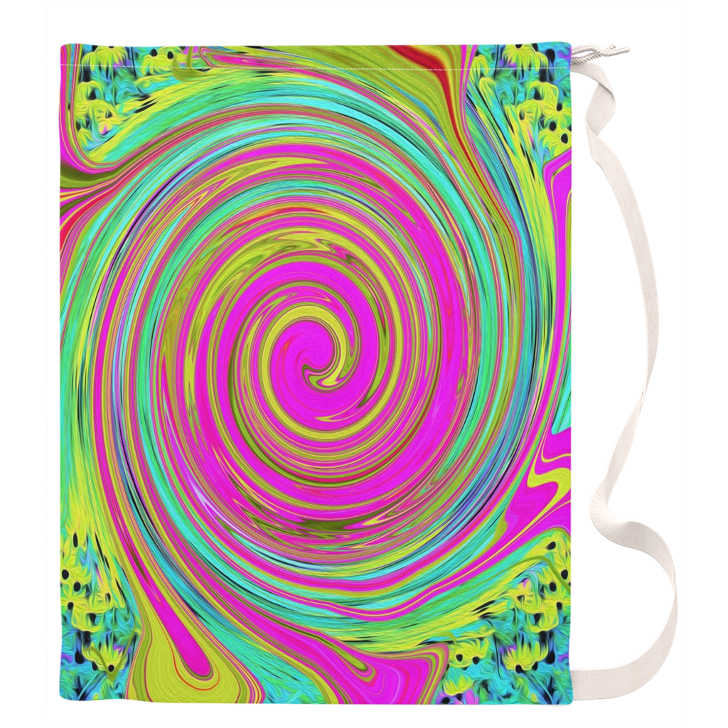 Large Laundry Bag, Groovy Abstract Pink and Turquoise Swirl with Flowers