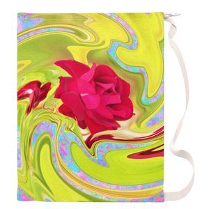 Large Laundry Bag, Painted Red Rose on Yellow and Blue Abstract
