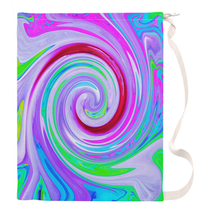 Large Laundry Bag, Groovy Abstract Red Swirl on Purple and Pink