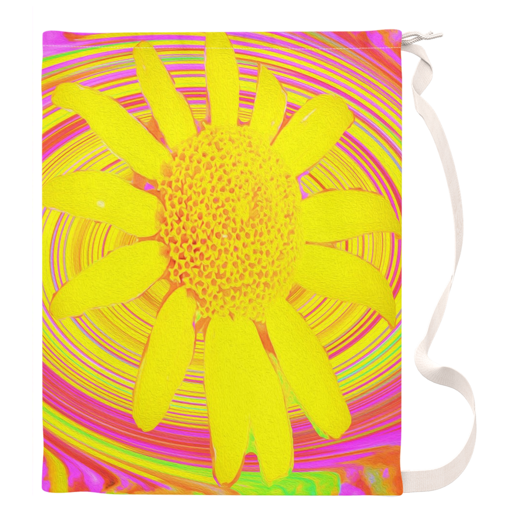 Large Laundry Bag, Yellow Sunflower on a Psychedelic Swirl