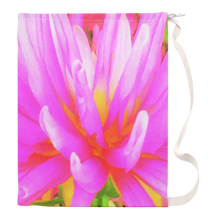 Large Laundry Bag, Fiery Hot Pink and Yellow Cactus Dahlia Flower