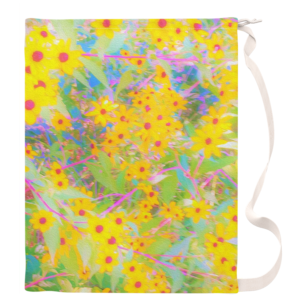 Large Laundry Bag, Pretty Yellow and Red Flowers with Turquoise