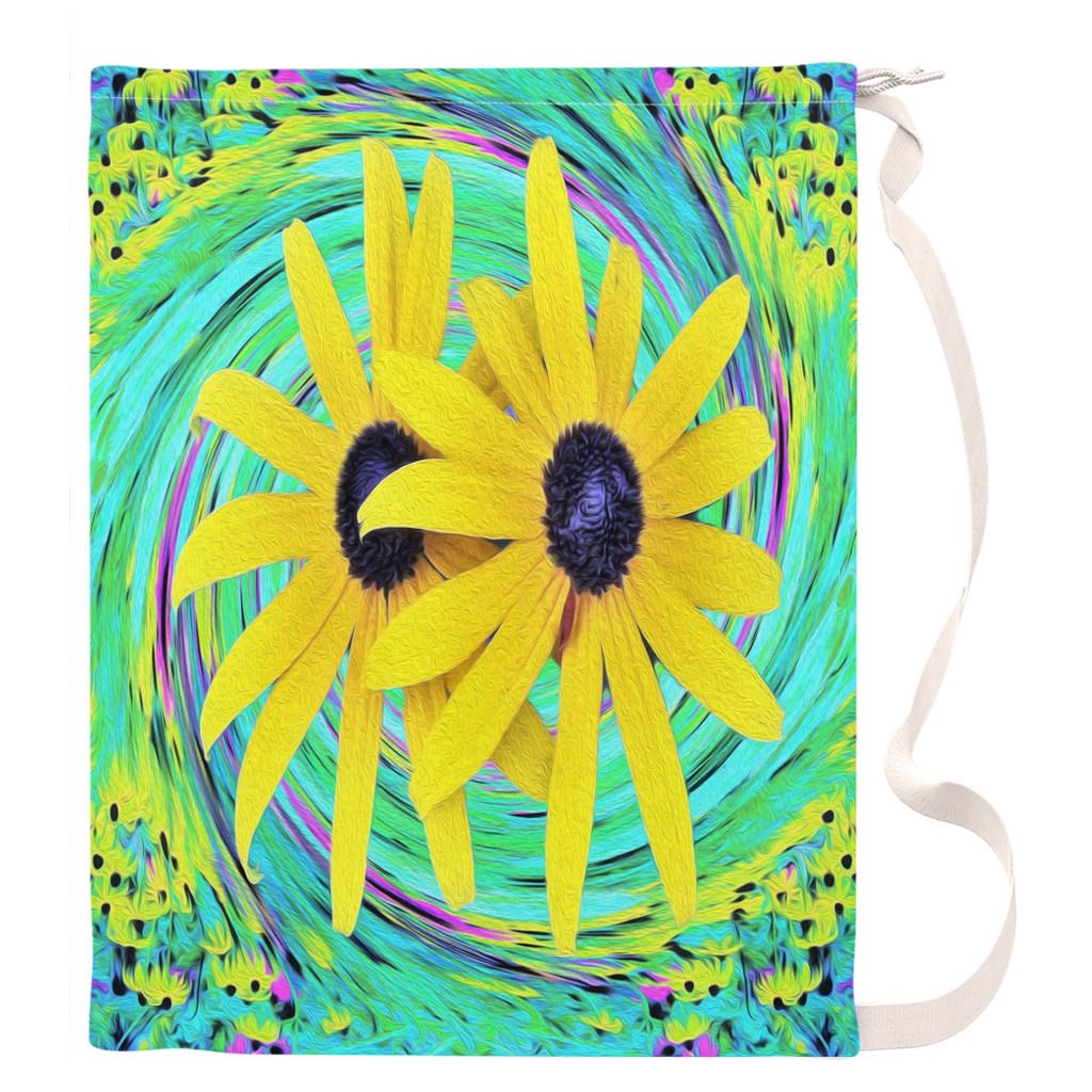Large Laundry Bag, Yellow Rudbeckia Flowers on a Turquoise Swirl