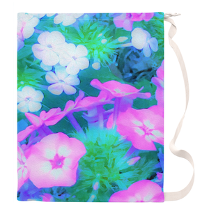 Large Laundry Bag, Pink, Green, Blue and White Garden Phlox Flowers