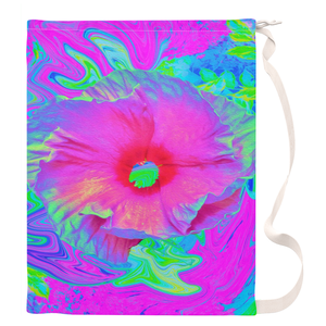 Large Laundry Bag, Psychedelic Pink and Red Hibiscus Flower