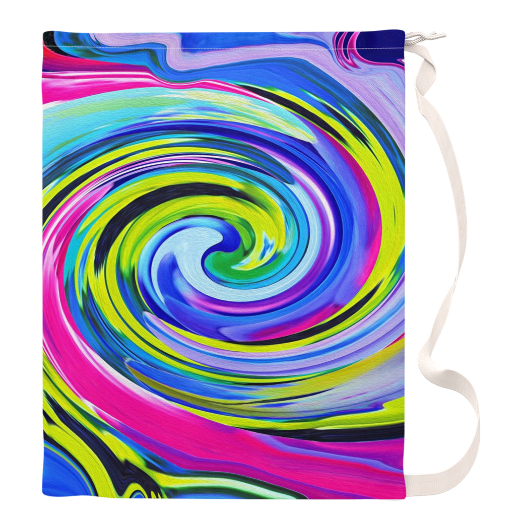 Large Laundry Bag, Groovy Abstract Yellow and Navy Blue Swirl