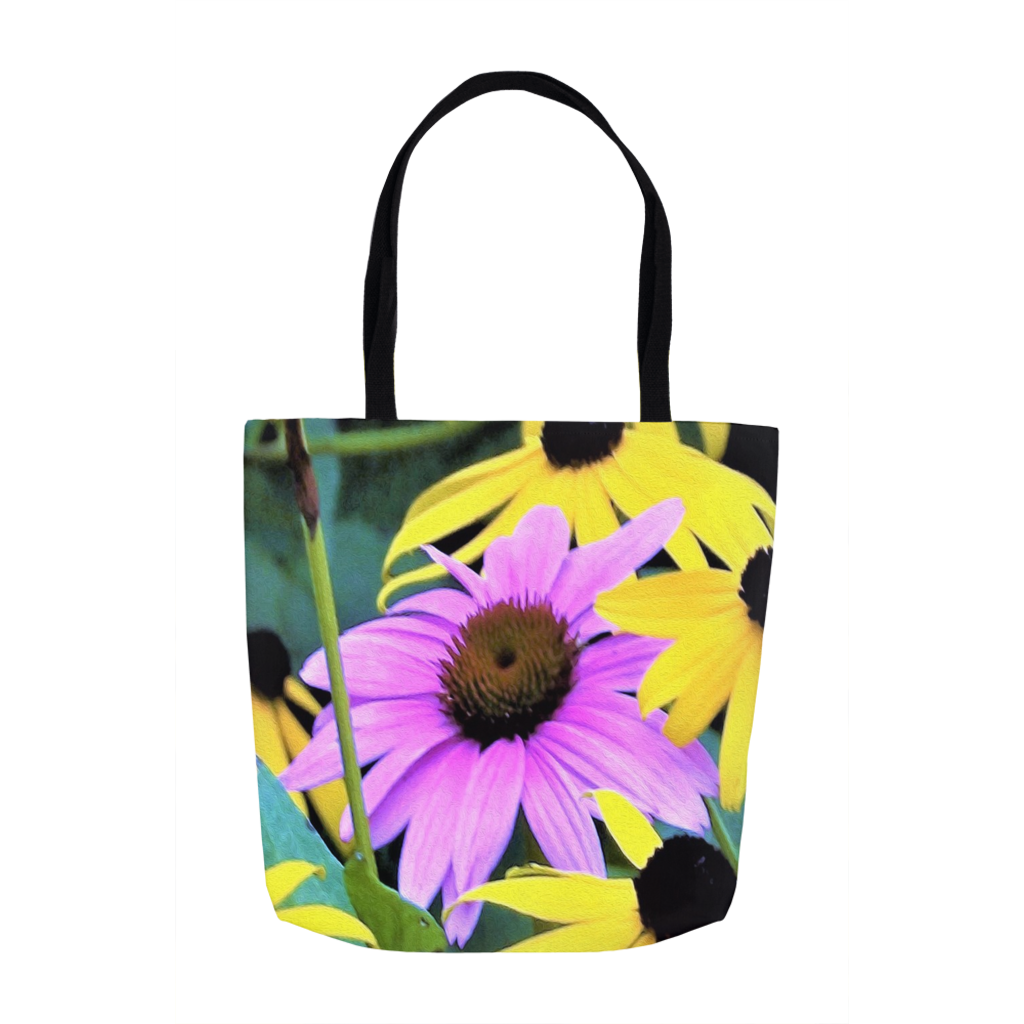 Tote Bags, Yellow Rudbeckia Flowers One Pink Coneflower