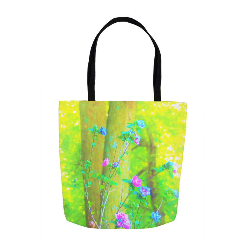 Tote Bags, Hot Pink Abstract Rose of Sharon on Bright Yellow