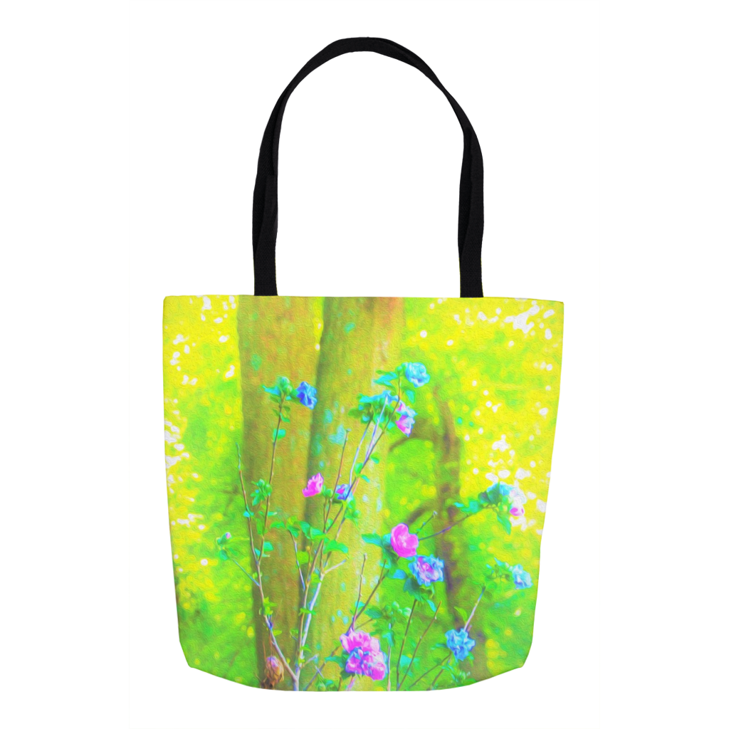 Tote Bags, Hot Pink Abstract Rose of Sharon on Bright Yellow