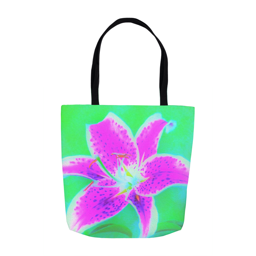 Tote Bags, Hot Pink Stargazer Lily on Turquoise and Green