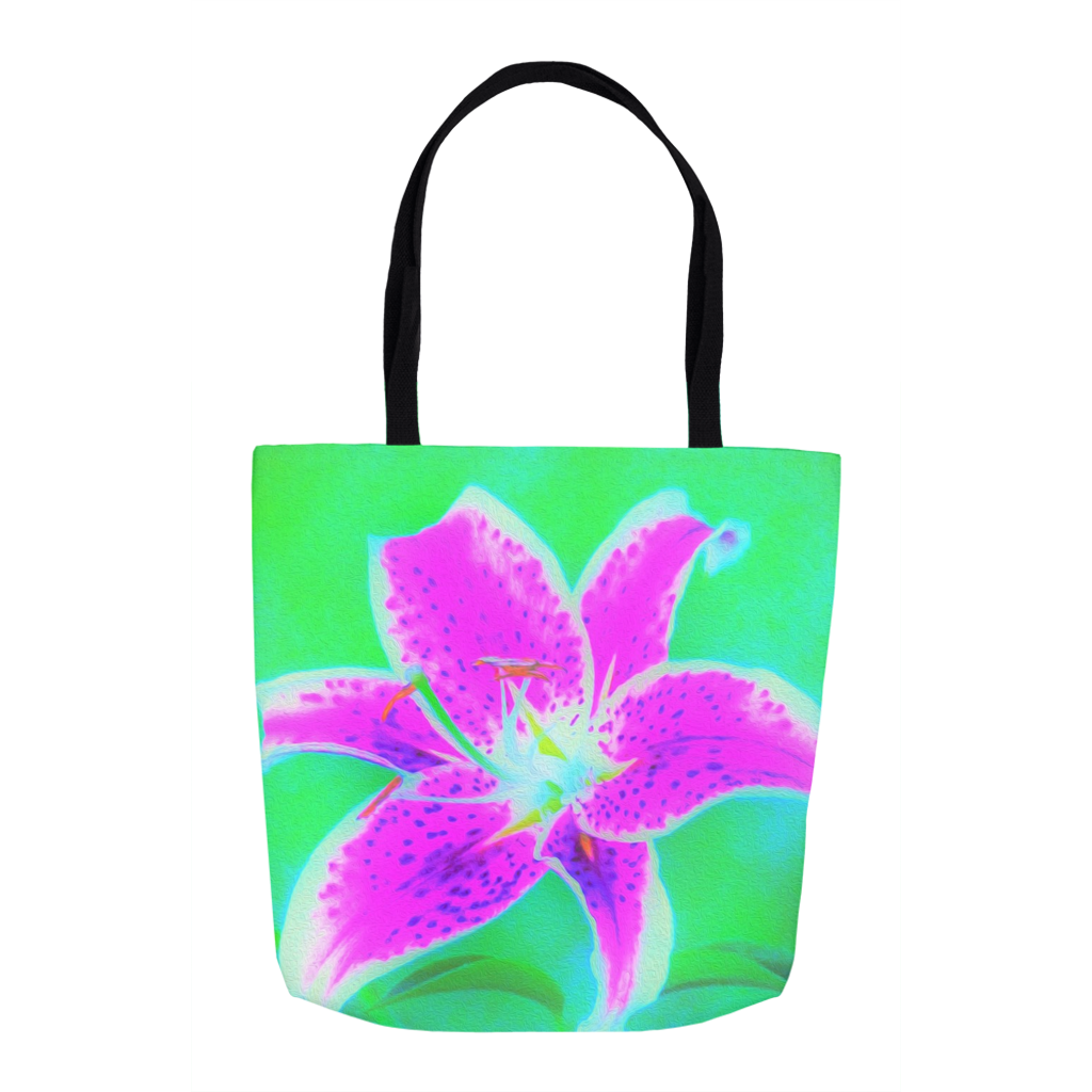 Tote Bags, Hot Pink Stargazer Lily on Turquoise and Green