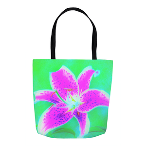 Tote Bags, Hot Pink Stargazer Lily on Turquoise and Green