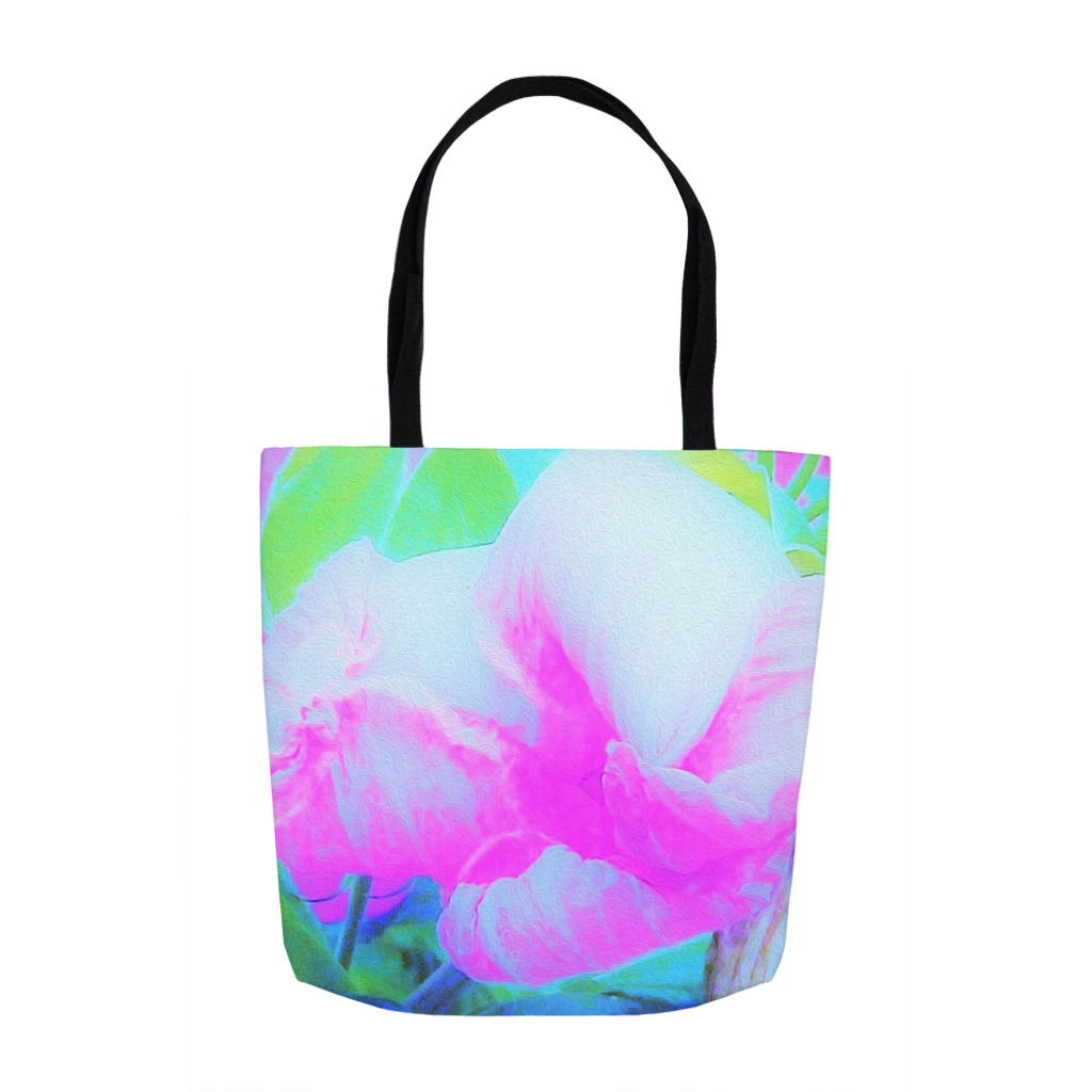 Tote Bags, Abstract Pink Hibiscus Bloom on Turquoise