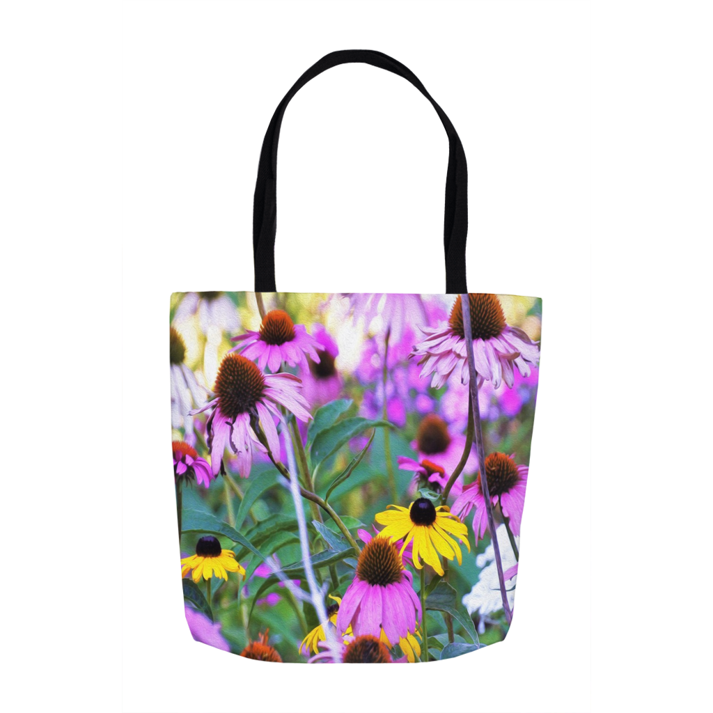 Tote Bags, Yellow Flowers in the Purple Coneflower Garden