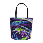 Tote Bags, Graphic Black White Blue and Green Rose Detail