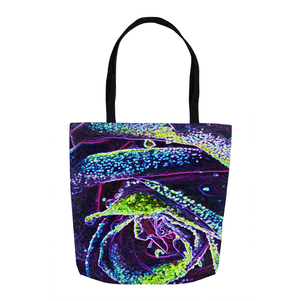 Tote Bags, Graphic Black White Blue and Green Rose Detail