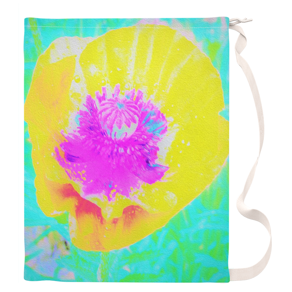 Large Laundry Bag, Yellow Poppy with Hot Pink Center on Turquoise