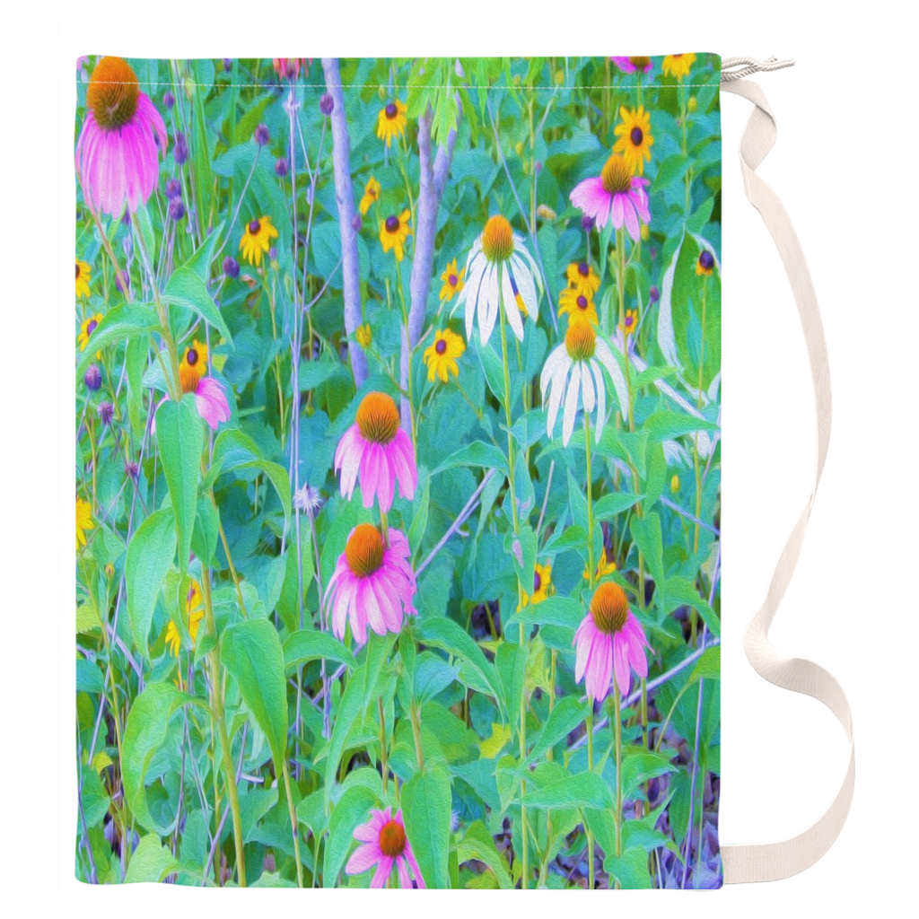 Large Laundry Bag, White and Purple Coneflowers and Yellow Rudbeckia