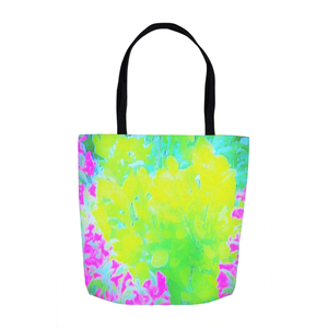 Tote Bags, Vivid Yellow and Pink Abstract Garden Foliage