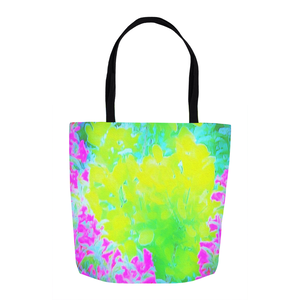 Tote Bags, Vivid Yellow and Pink Abstract Garden Foliage