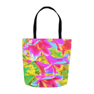 Tote Bags, Abstract Hot Pink Tree Lilies with Golden Foliage