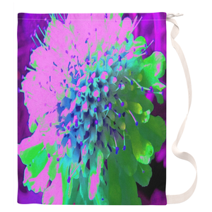 Large Laundry Bag, Abstract Pincushion Flower in Pink Blue and Green