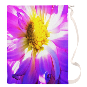Large Laundry Bag, Purple and White Dahlia with a Bright Yellow Center