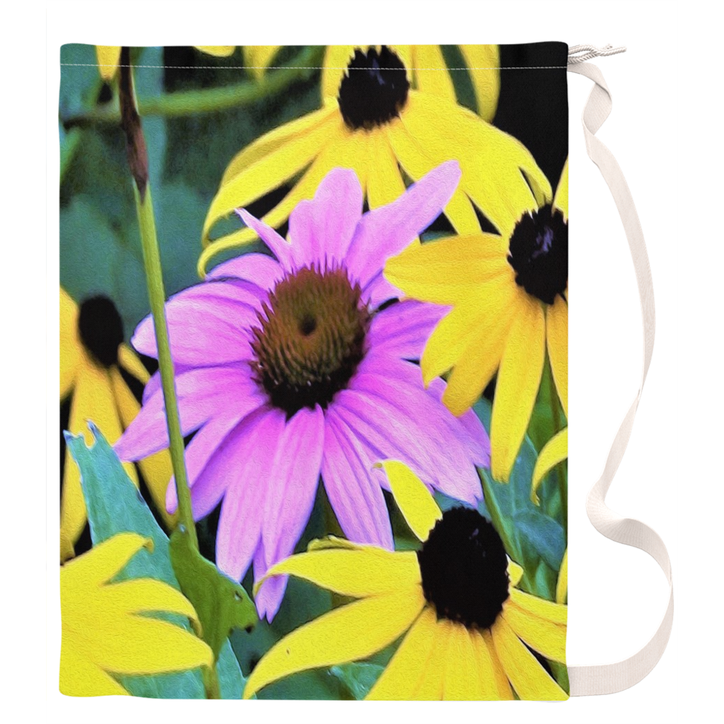 Large Laundry Bag, Yellow Rudbeckia Flowers One Pink Coneflower