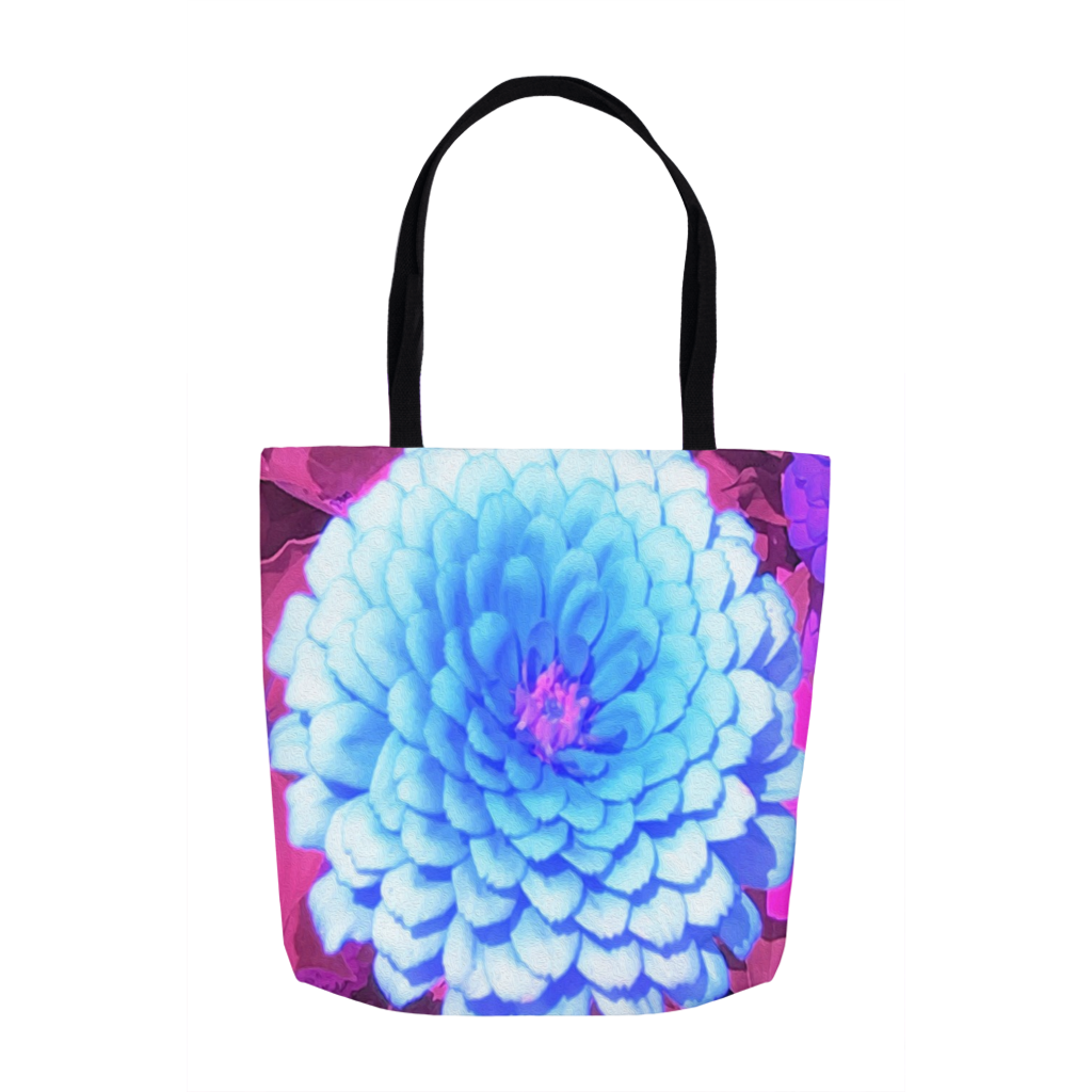 Tote Bags, Pretty Blue Zinnia in the Purple Summer Garden