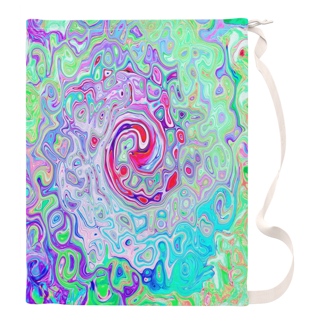 Large Laundry Bag, Groovy Abstract Retro Pink and Green Swirl