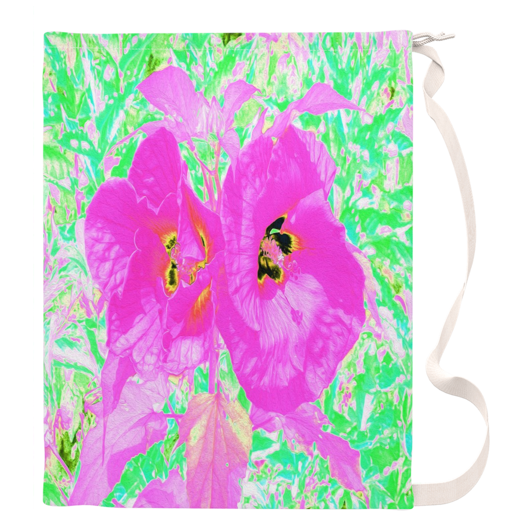 Large Laundry Bag, Two Hot Pink Plum Crazy Hibiscus on Lime Green