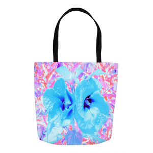 Tote Bags, Two Cool Blue Plum Crazy Hibiscus on Purple