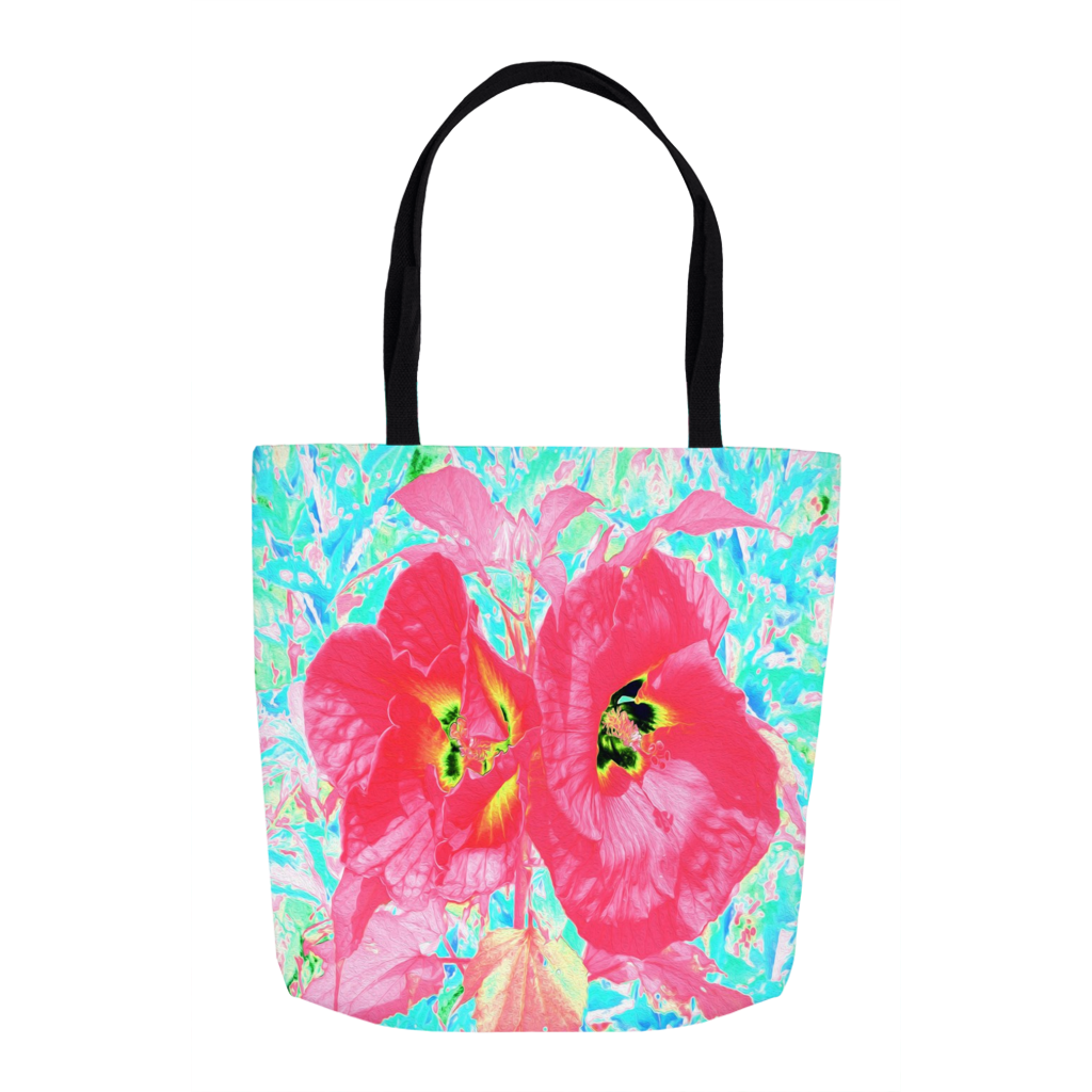 Tote Bags, Two Rosy Red Coral Plum Crazy Hibiscus on Aqua