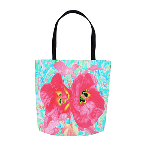 Tote Bags, Two Rosy Red Coral Plum Crazy Hibiscus on Aqua