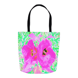Tote Bags, Two Hot Pink Plum Crazy Hibiscus on Lime Green