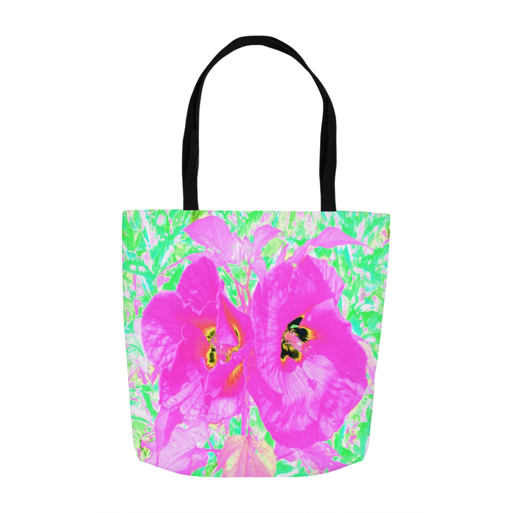 Tote Bags, Two Hot Pink Plum Crazy Hibiscus on Lime Green