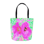 Tote Bags, Two Hot Pink Plum Crazy Hibiscus on Lime Green