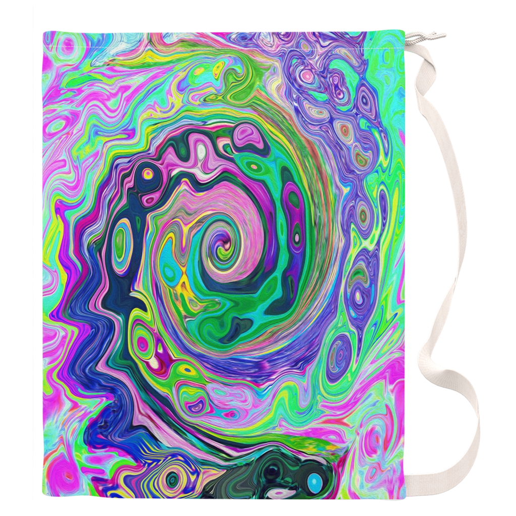 Large Laundry Bag, Groovy Abstract Aqua and Navy Lava Swirl