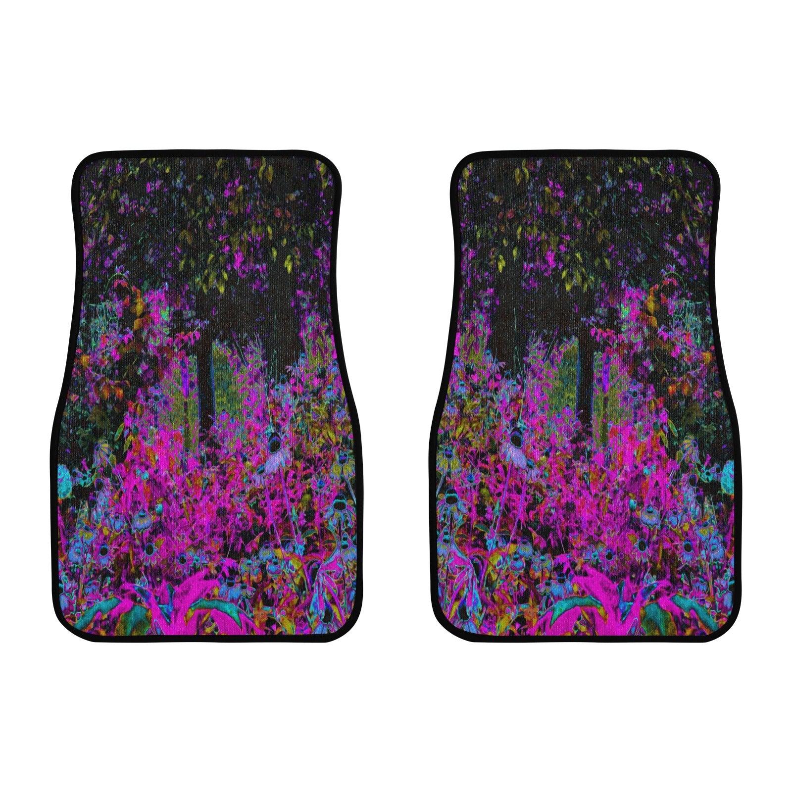 Car Floor Mats, Psychedelic Hot Pink and Black Garden Sunrise - Front Set of 2