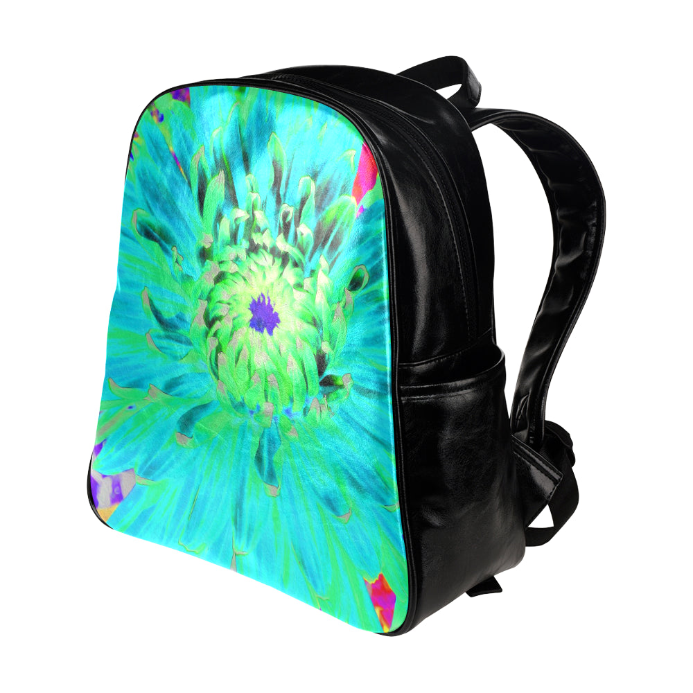 Backpack – Faux Leather, Aqua Cactus Dahlia Abstract Macro Flower, Laptop Bag